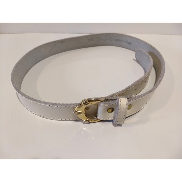 Vintage‎ NAN LEWIS White Leather Belt M/L Gold Tone Curved Buckle - Picture 1 of 11